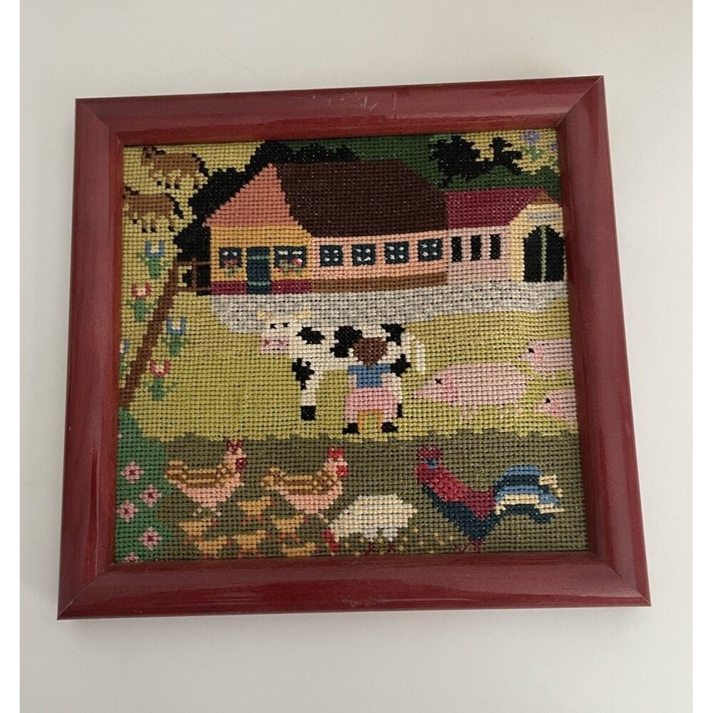 Farmhouse Needlepoint Art Decor Farm Cows Country Rustic Rural Frame Red